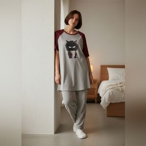 Gray and Burgundy Cat Graphic Sleep-Shirt NWOT 2XL